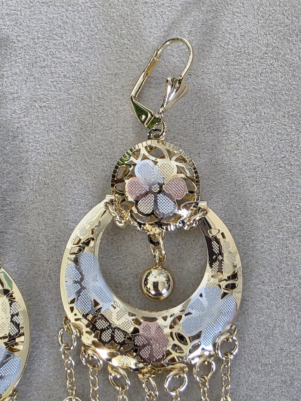 Tricolor Gold Filled Floral Chandelier Earrings Dangle Drop Filigree Leverback - Picture 5 of 10